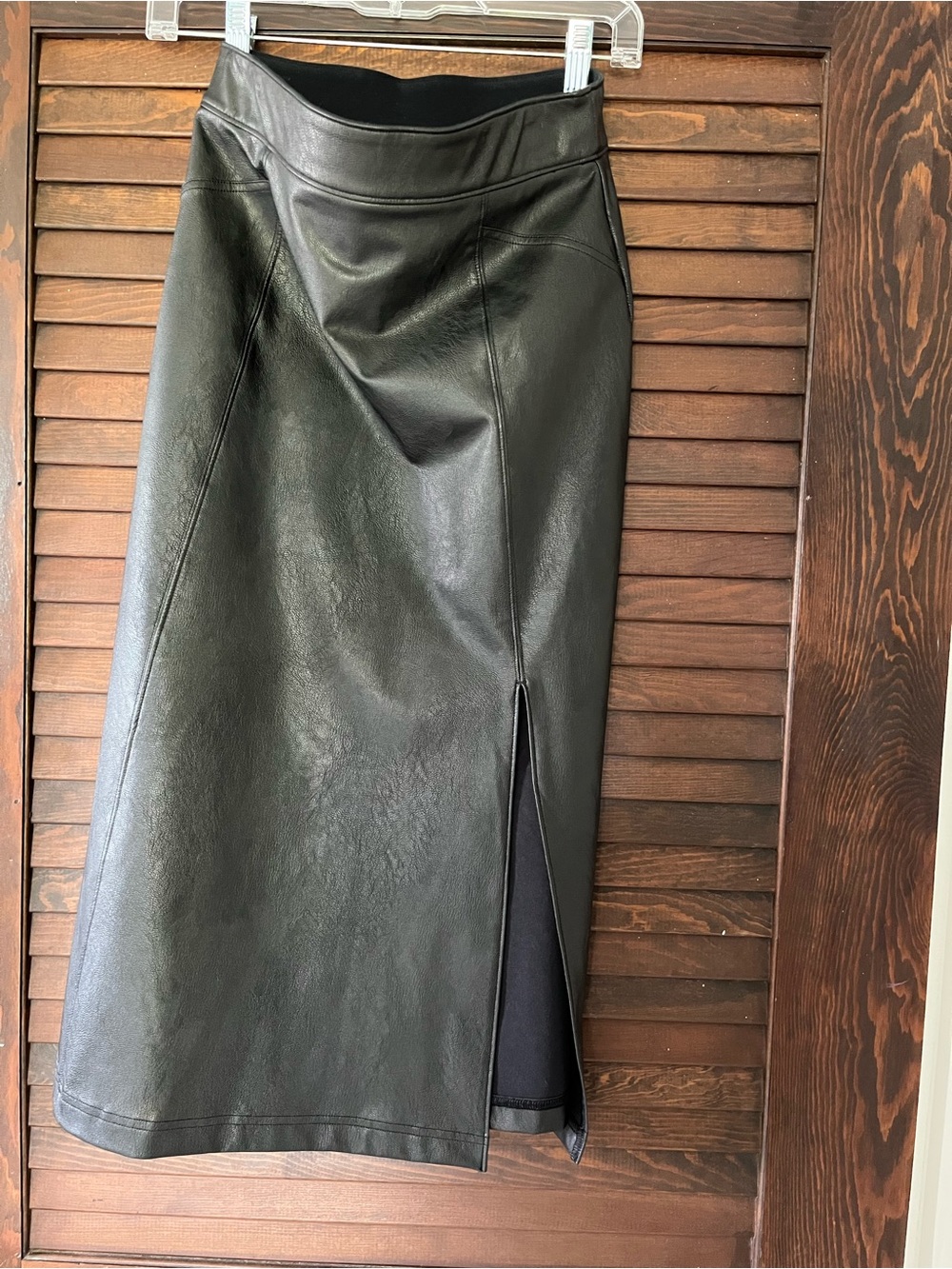 SPANX Black Faux Leather Midi Skirt with Front Slit